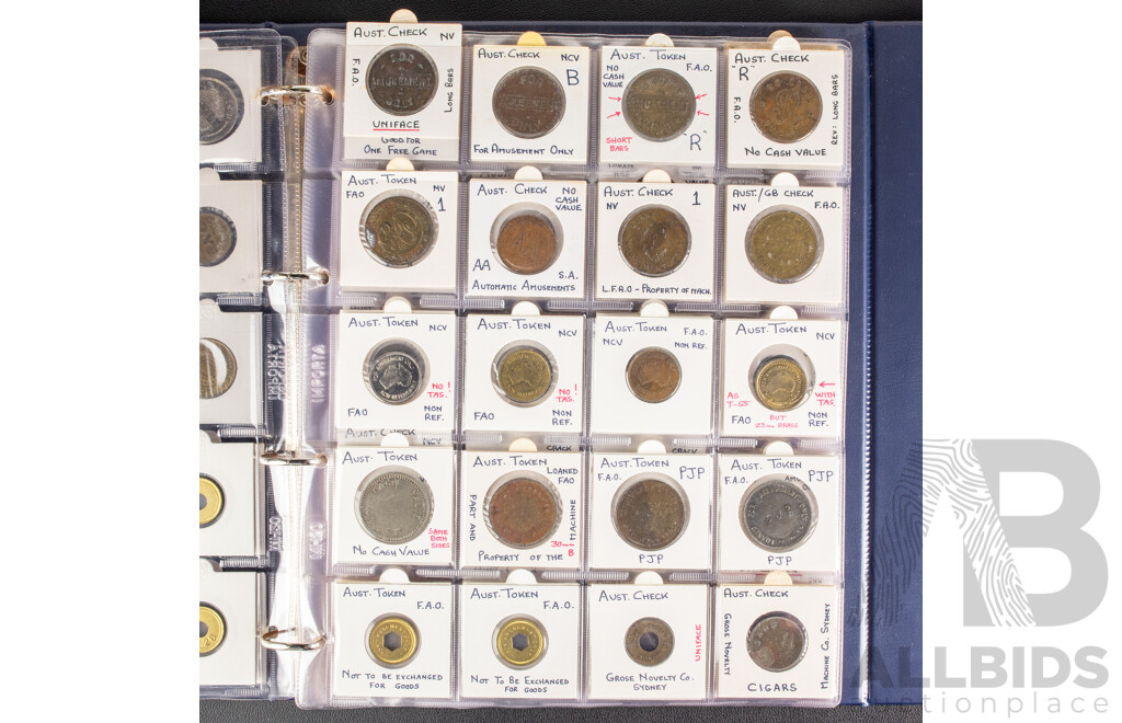 Album of Vintage Australian Car Wash, Gaming Machine and Amusement Tokens Including Caltex, Amoco, Mobile, Atlas and More -  Approximately 230