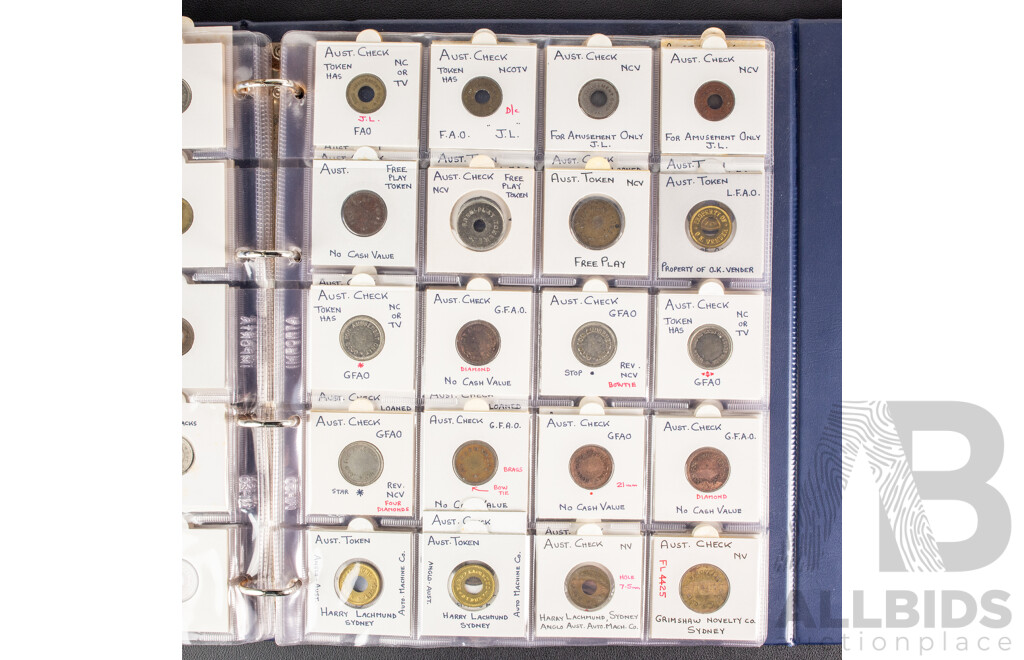 Album of Vintage Australian Car Wash, Gaming Machine and Amusement Tokens Including Caltex, Amoco, Mobile, Atlas and More -  Approximately 230