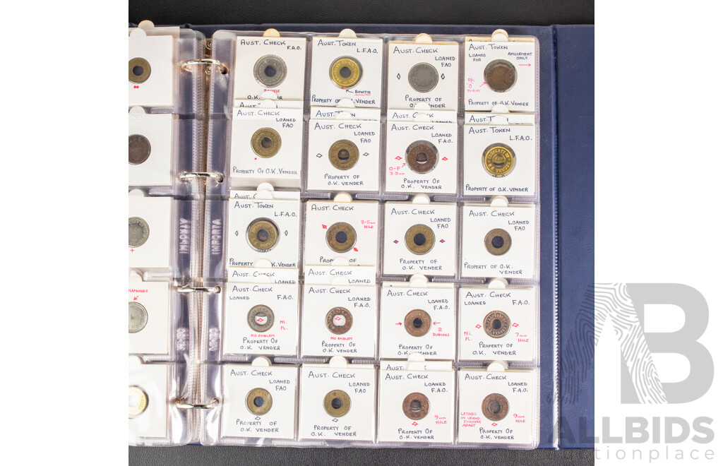 Album of Vintage Australian Car Wash, Gaming Machine and Amusement Tokens Including Caltex, Amoco, Mobile, Atlas and More -  Approximately 230