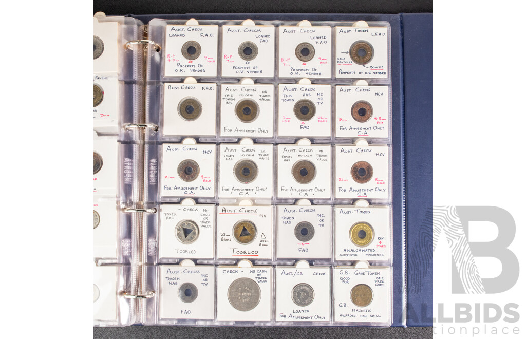 Album of Vintage Australian Car Wash, Gaming Machine and Amusement Tokens Including Caltex, Amoco, Mobile, Atlas and More -  Approximately 230