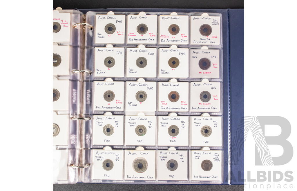 Album of Vintage Australian Car Wash, Gaming Machine and Amusement Tokens Including Caltex, Amoco, Mobile, Atlas and More -  Approximately 230
