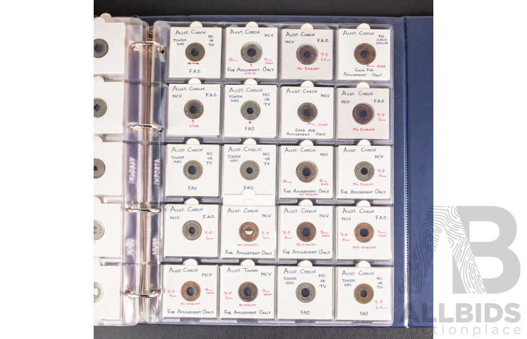 Album of Vintage Australian Car Wash, Gaming Machine and Amusement Tokens Including Caltex, Amoco, Mobile, Atlas and More -  Approximately 230