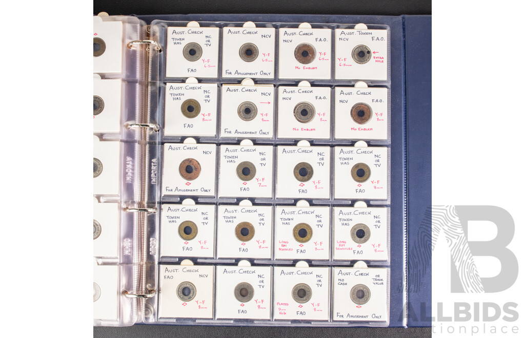 Album of Vintage Australian Car Wash, Gaming Machine and Amusement Tokens Including Caltex, Amoco, Mobile, Atlas and More -  Approximately 230