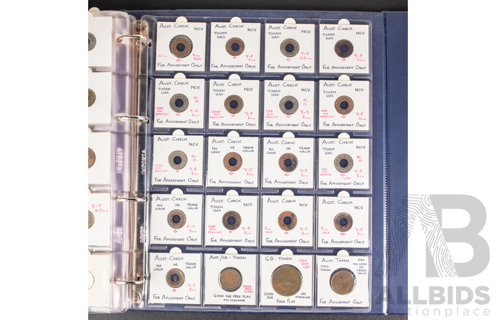 Album of Vintage Australian Car Wash, Gaming Machine and Amusement Tokens Including Caltex, Amoco, Mobile, Atlas and More -  Approximately 230