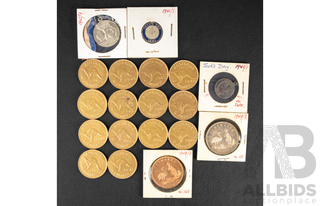 Two Australian Numismatic Society Centenary 1849-1949 One Penny Token, Two Angus & Coote Australian 1941 Jacks Day Charity Two Shilling Pendants, 1945 WW2 Victory Medal