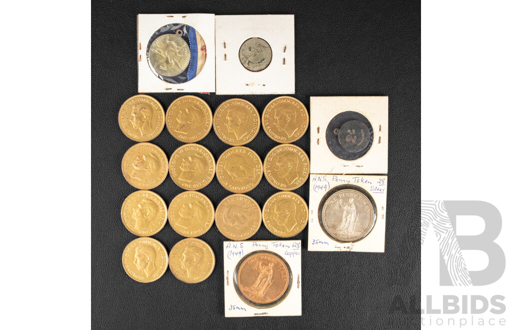 Two Australian Numismatic Society Centenary 1849-1949 One Penny Token, Two Angus & Coote Australian 1941 Jacks Day Charity Two Shilling Pendants, 1945 WW2 Victory Medal