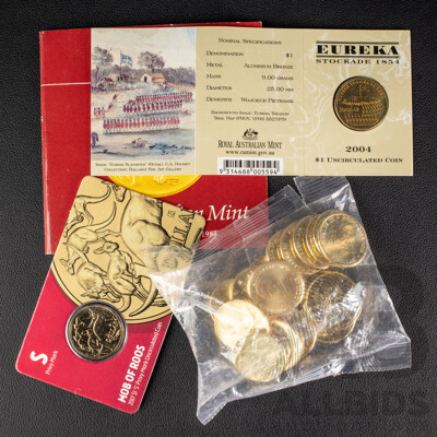 Twenty Australian 2025 UNC One Dollar Coins, Aussie Big Things Series Two, 2017 One Dollar, Mob of Roos S Privy Mark, 1984 One Dollar, First Year Issue, 2004 One Dollar, Eureka E Mint Mark