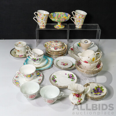 Collection of Vintage Floral Porcelain Tea Cups, Saucers, Plates Pin Dish and Comport Including Melba, Foley, Royal Vale, Royal Albert, Royal Minton, Noritake, Viola