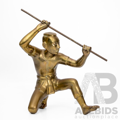 Vintage Brass Warrior Statue in Combat Pose