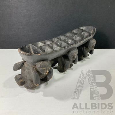 Large Hand-Carved African Figural Mancala Game Board, Supported by Six Carved Human Figures