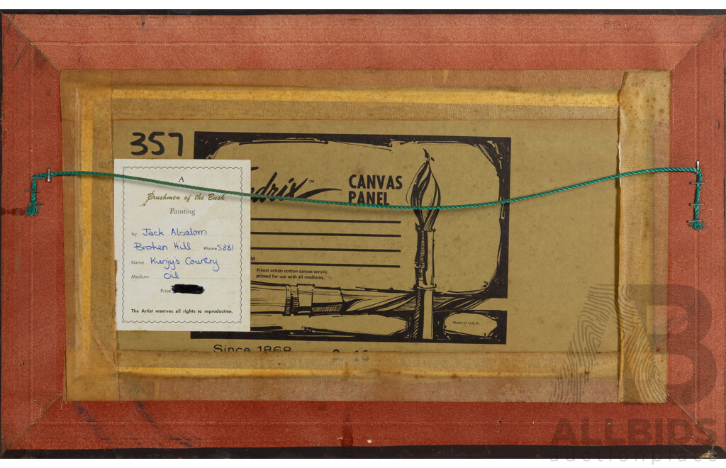 Jack Absalom, (20th Century, Australian), Kunjy's Country (1980),  Original Oil on Canvas Board, 32 x 52 cm (frame)
