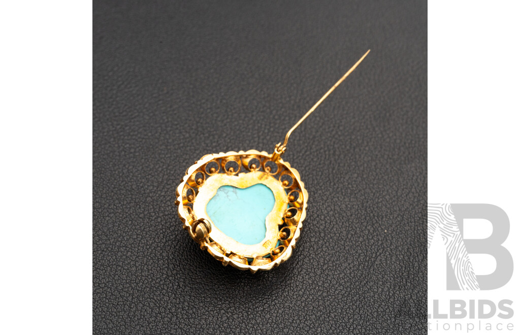 14ct Yellow Gold Vintage Freeform Turquoise Stone Brooch - 8gms