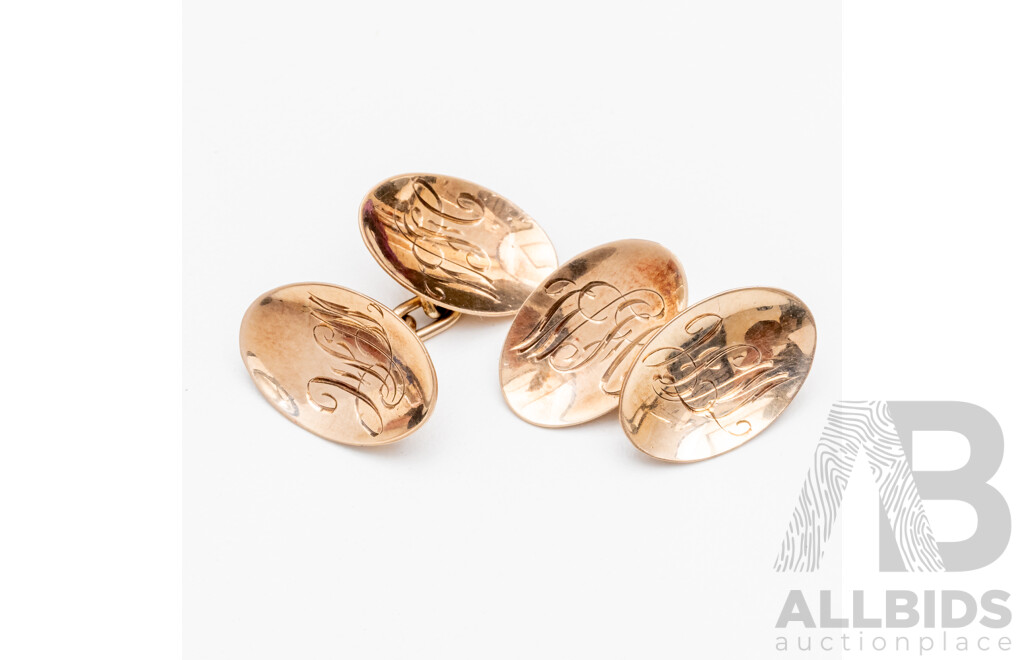 9ct Yellow Gold Vintage Oval Cufflinks - 5.75gms