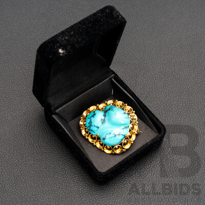 14ct Yellow Gold Vintage Freeform Turquoise Stone Brooch - 8gms