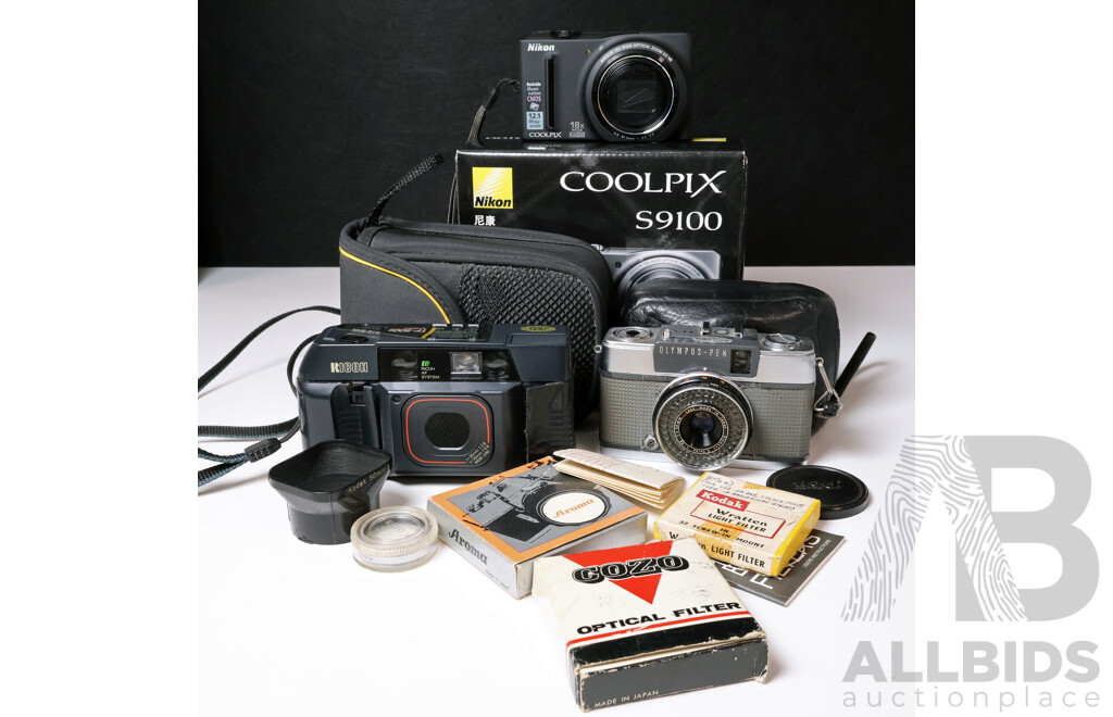 Vintage Compact & Rangefinder Cameras: Nikon Coolpix S9100, Olympus Pen EE & Ricoh TF-500D with Vintage Filters & Accessories