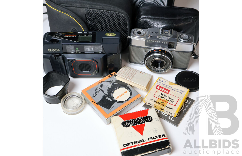 Vintage Compact & Rangefinder Cameras: Nikon Coolpix S9100, Olympus Pen EE & Ricoh TF-500D with Vintage Filters & Accessories