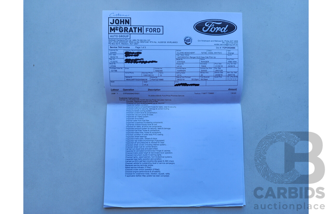 06/2016 Ford Ranger XLS 3.2 (4x4) PX MKII Dual Cab Utility White Turbo Diesel 3.2L