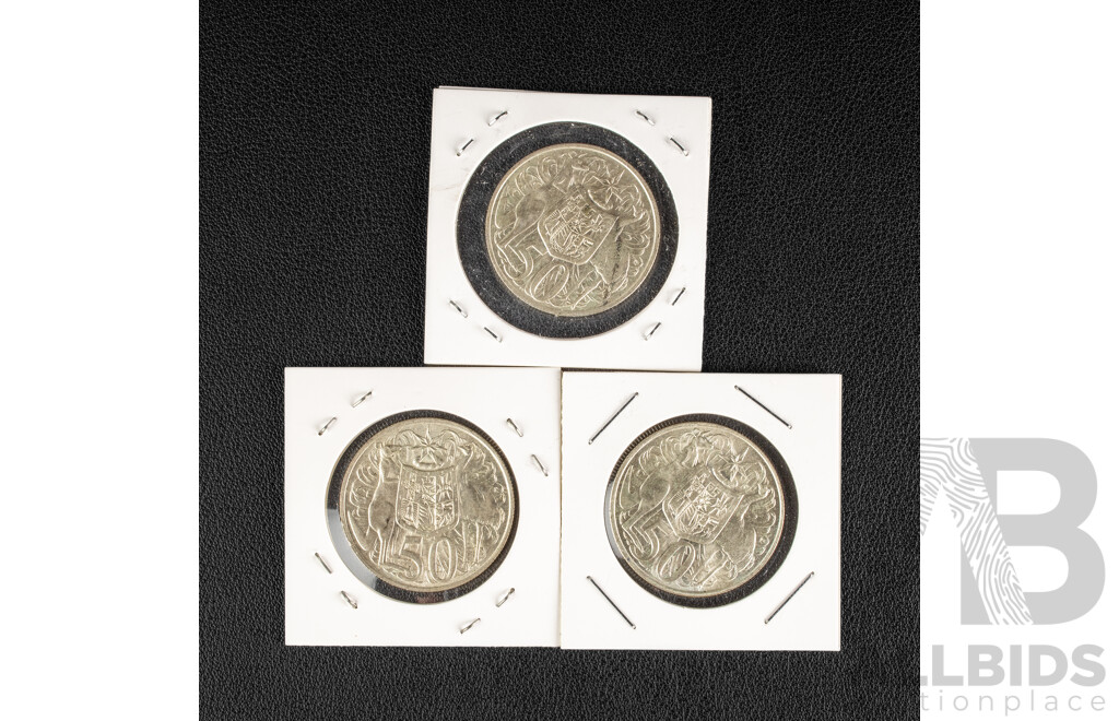 Three Australian 1966 Round Silver Fifty Cent Coins .800