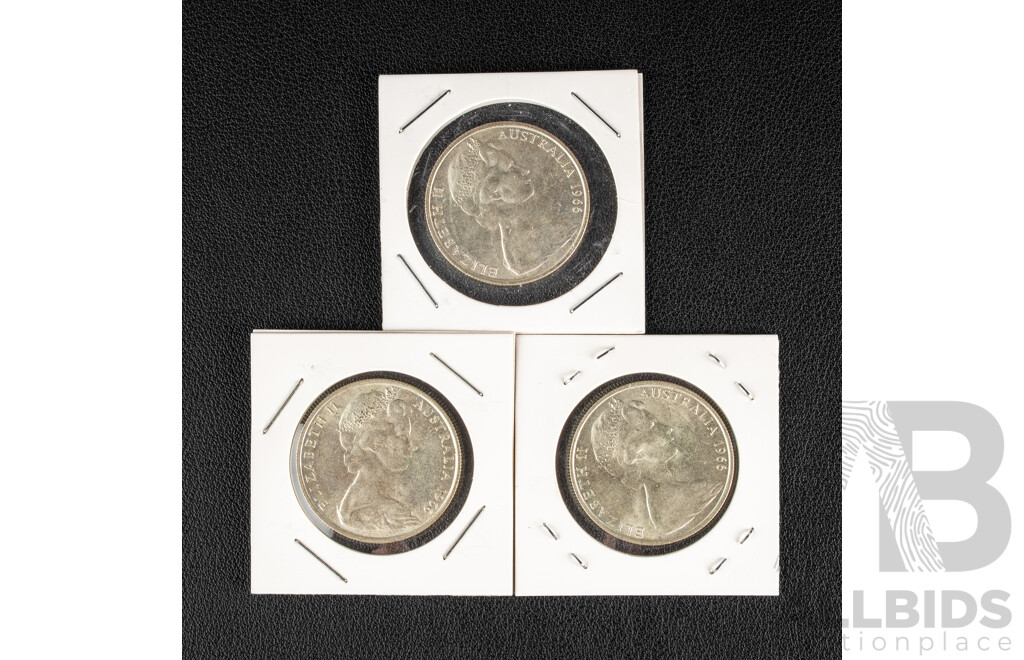 Three Australian 1966 Round Silver Fifty Cent Coins .800