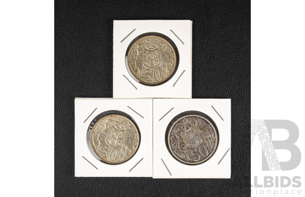 Three Australian 1966 Round Silver Fifty Cent Coins .800