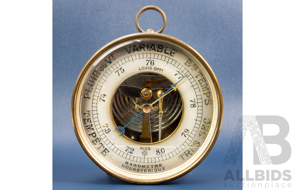 Good Art Deco Aneroid Brass Cased Barometer by Lous Opticians, France, 1920s