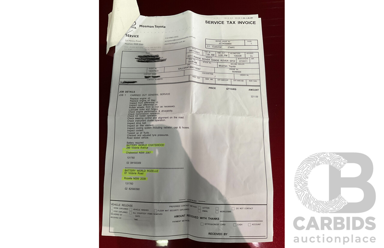 9/2011 Range Rover Range Rover Sport 3.0 TDV6 MY11 4d Wagon Sumatra Black Metallic Turbo Diesel V6 3.0L