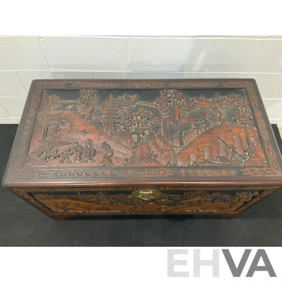Large Antique Chinese Carved and Inlaid Wooden Chest