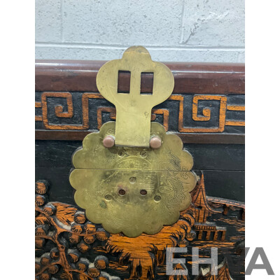 Large Antique Chinese Carved and Inlaid Wooden Chest