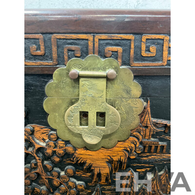 Large Antique Chinese Carved and Inlaid Wooden Chest