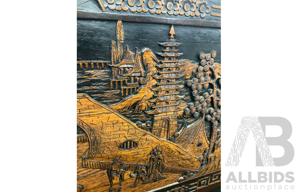 Large Antique Chinese Carved and Inlaid Wooden Chest