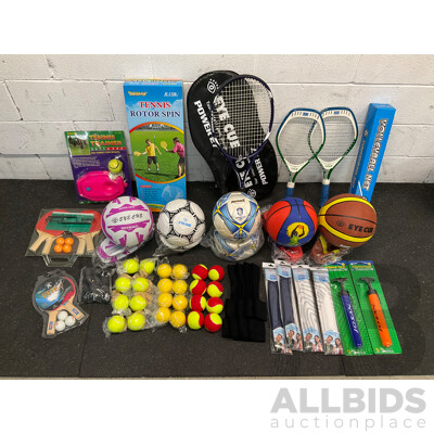 Collection of Various Sports Equipment for Tennis, Table Tennis, Basketball, Soccer, , Including Various Balls, Tennis Rotor Spin and More - Lot of 73