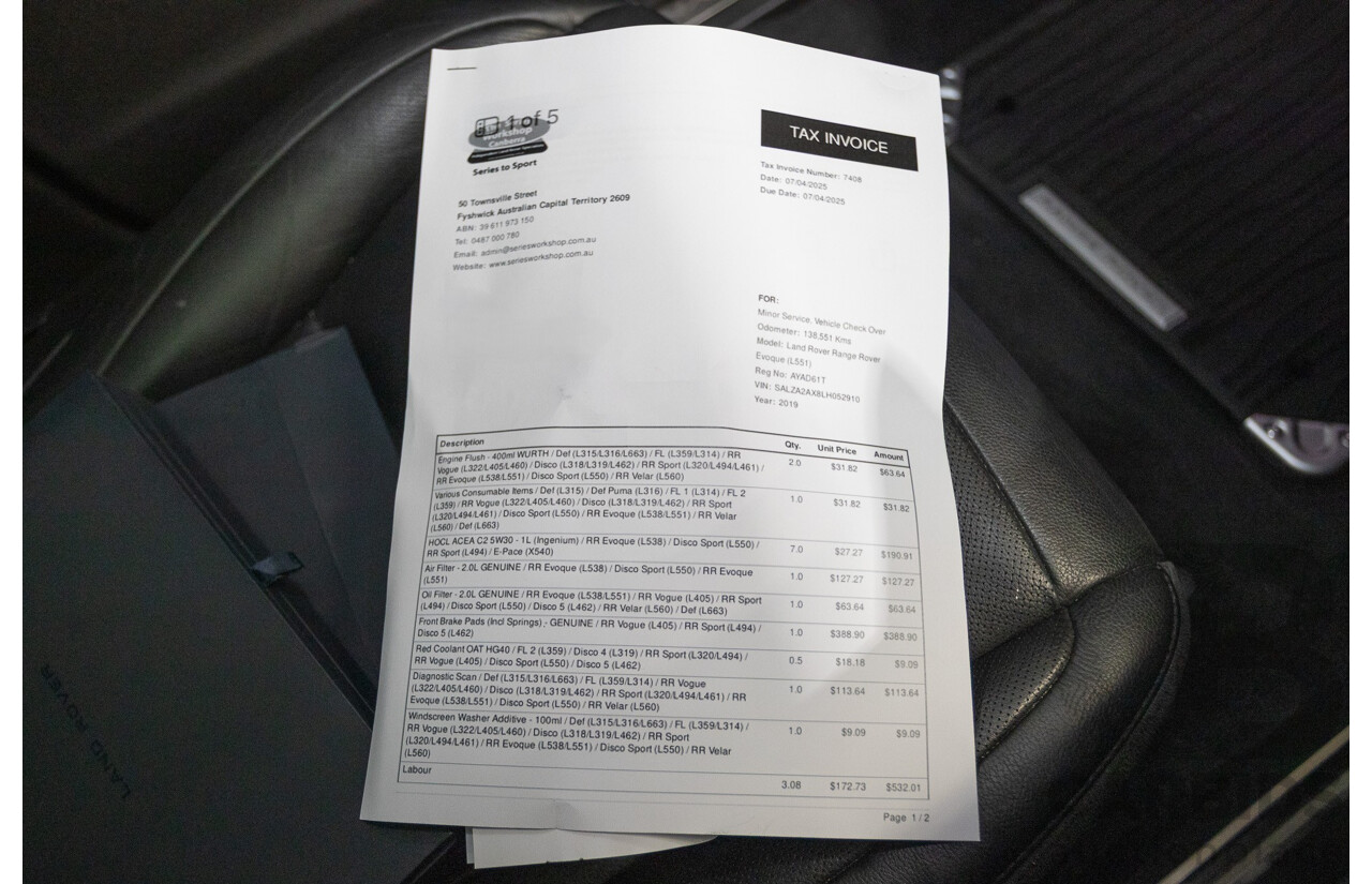 11/2019 Land Rover Range Rover Evoque P250 R-DYNAMIC S (183kW) AWD L551 MY20.25 4D Wagon Eiger Grey Metallic Tubro 2.0L