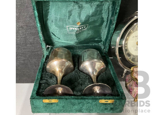 Collection of Sundries Including Clocks, Music Box, Valenti Bag, Cow Figurines and Silver-plated Goblets