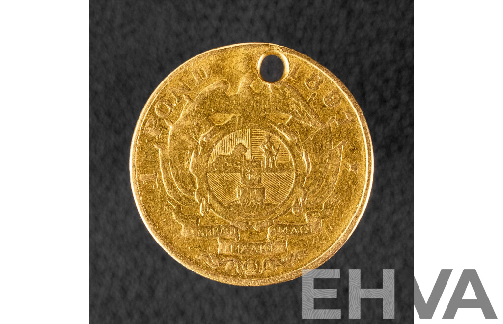 South African Republic 1897 Gold One Pound Coin, Johannes Paulus Kruger  .917