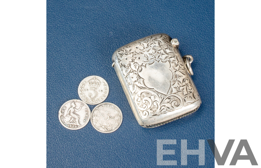Antique Silver Vesta Case with Floral and Scroll Engravings with United Kingdom 1854 QV, 1912 KGV Silver and South African Republic 1895 Silver Threepence