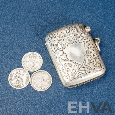 Antique Silver Vesta Case with Floral and Scroll Engravings with United Kingdom 1854 QV, 1912 KGV Silver and South African Republic 1895 Silver Threepence
