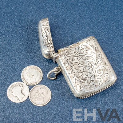 Antique Silver Vesta Case with Floral and Scroll Engravings with United Kingdom 1854 QV, 1912 KGV Silver and South African Republic 1895 Silver Threepence