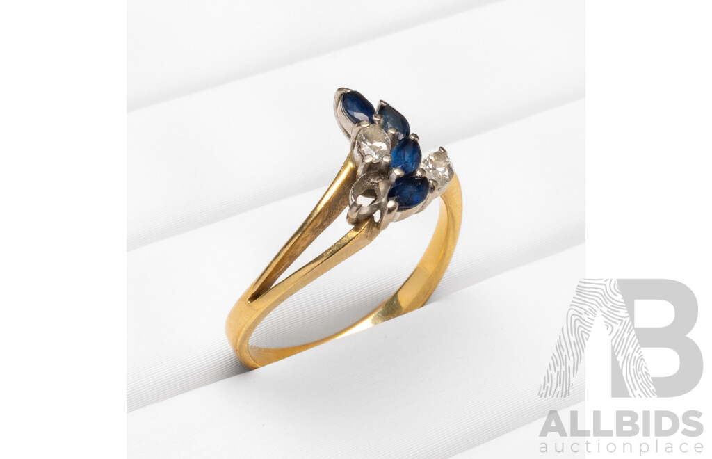 18ct Yellow/White Gold Marquise Cut Diamond and Sapphire Ring - Size N