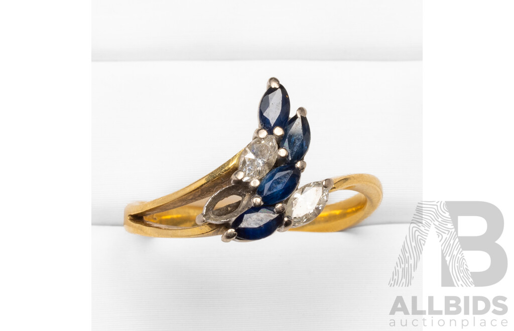 18ct Yellow/White Gold Marquise Cut Diamond and Sapphire Ring - Size N