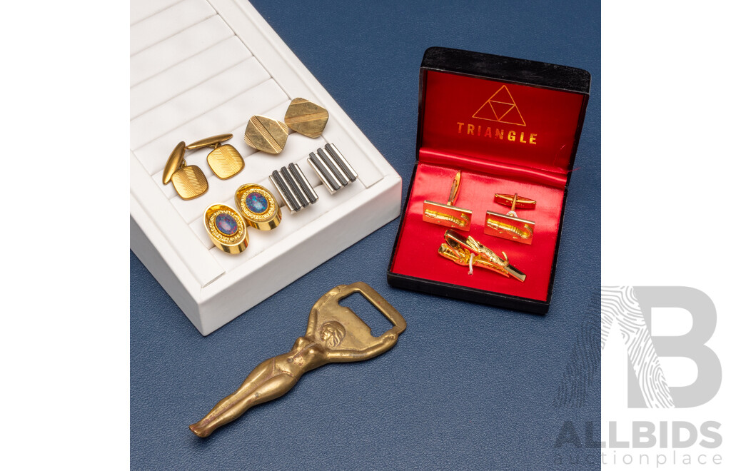 Assorted Cufflinks and Brass Bottle Opener - Lot of 6