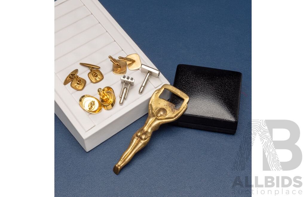Assorted Cufflinks and Brass Bottle Opener - Lot of 6