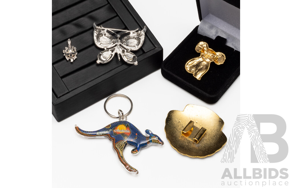 Assorted Collection of Broochs, Pendant and Keychain - Lot of 5