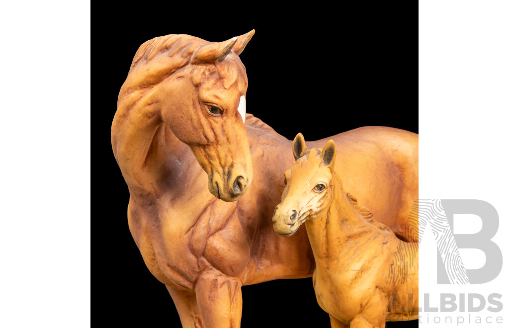 Fine Porcelain Chestnut Mare and Foal Figures by Akita for Kowa