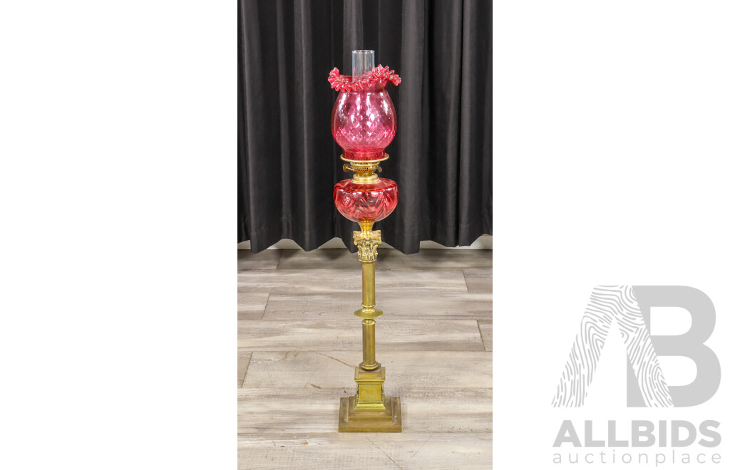 Victorian Brass and Cranberry Glass Oil Lamp