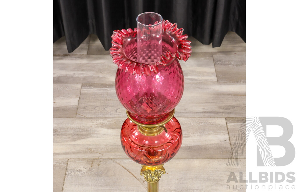 Victorian Brass and Cranberry Glass Oil Lamp