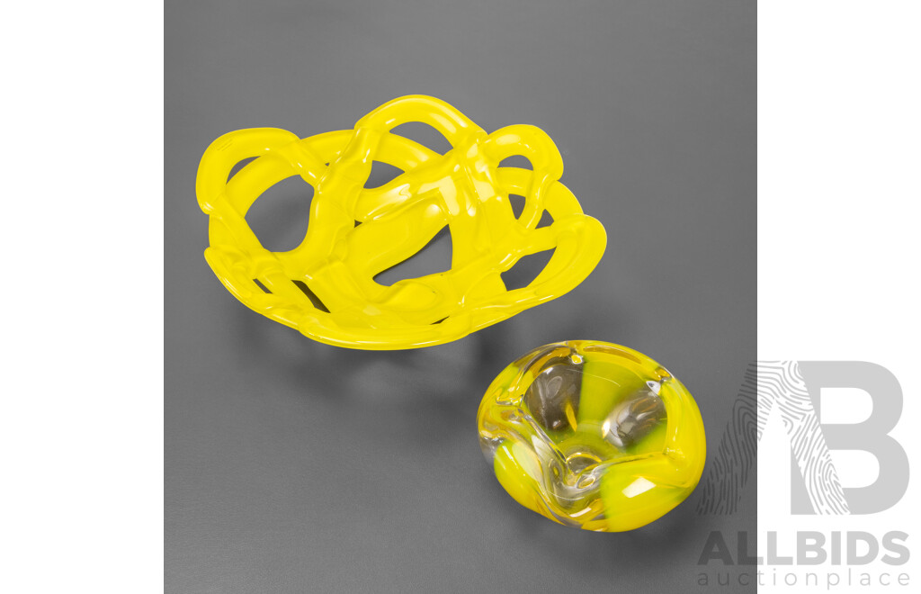 Pierced Yellow Art Glass Fruit Bowl with an Art Glass Ashtray
