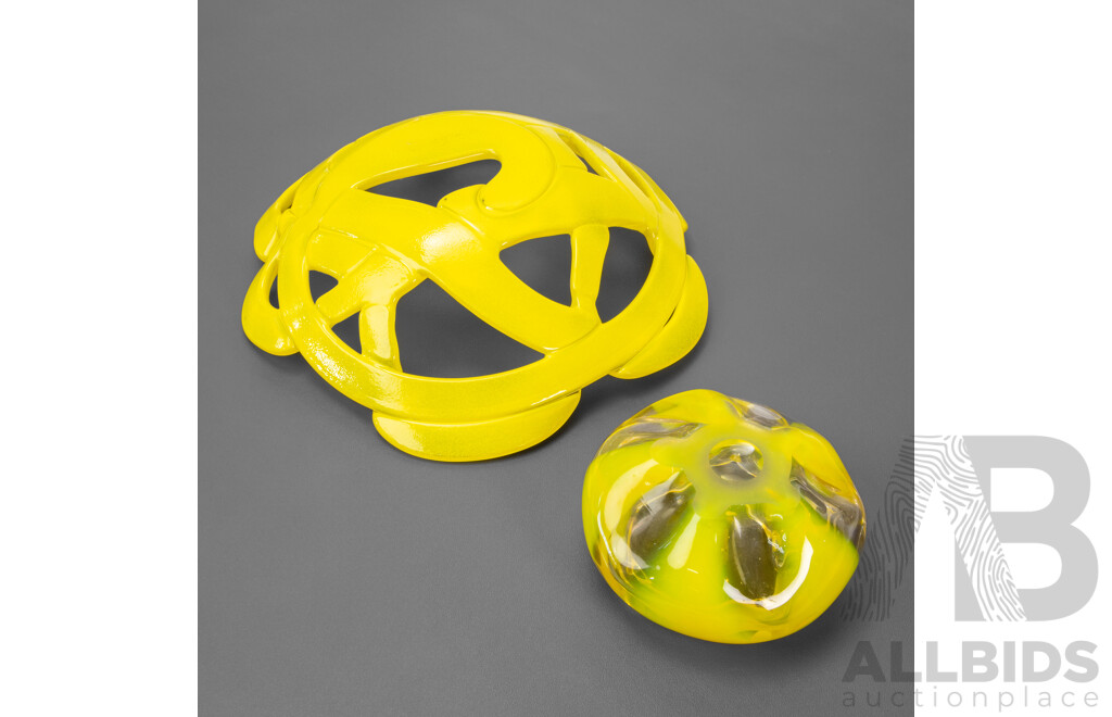 Pierced Yellow Art Glass Fruit Bowl with an Art Glass Ashtray