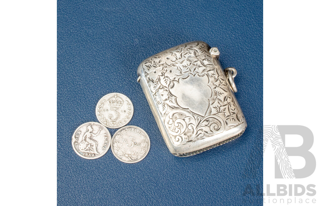 Antique Silver Vesta Case with Floral and Scroll Engravings with United Kingdom 1854 QV, 1912 KGV Silver and South African Republic 1895 Silver Threepence