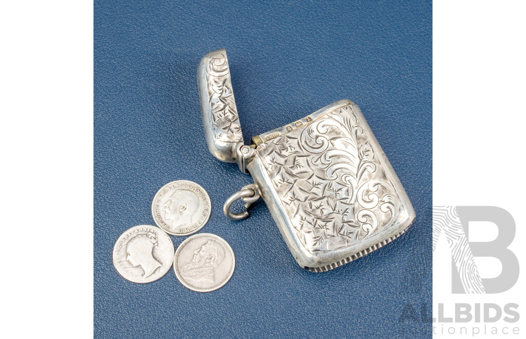 Antique Silver Vesta Case with Floral and Scroll Engravings with United Kingdom 1854 QV, 1912 KGV Silver and South African Republic 1895 Silver Threepence