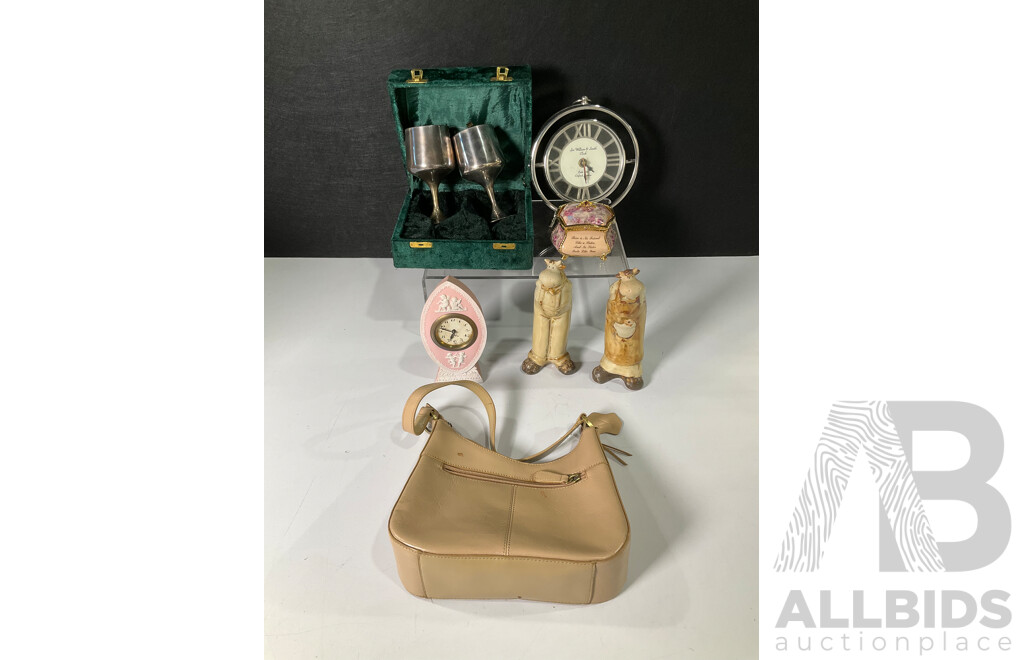 Collection of Sundries Including Clocks, Music Box, Valenti Bag, Cow Figurines and Silver-plated Goblets